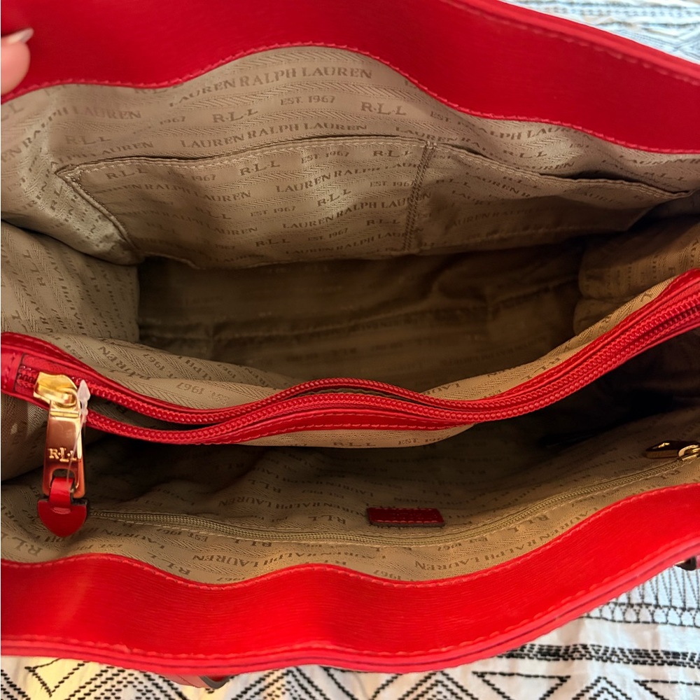 Red Lauren Ralph Lauren leather Women's structured Tote Bag gorgeous - Picture 9 of 11